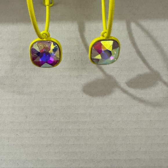 Neon Yellow Hoop Earrings with Crystal Charm – Trendy & Fun - Picture 2 of 3